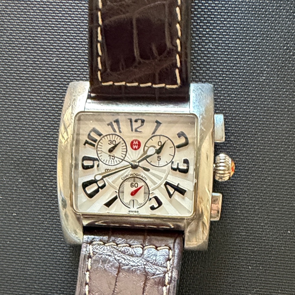 Michele watch . Silver Watch with Brown Leather Strap.
